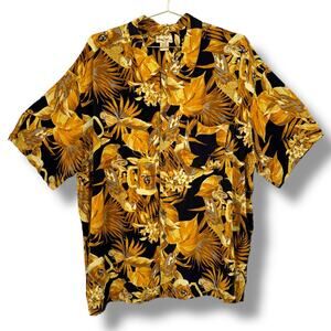 Panama Jack Camp Shirt, Gold Tiki Cocktail Drink Parrot Print, 3XL Y2K Vintage